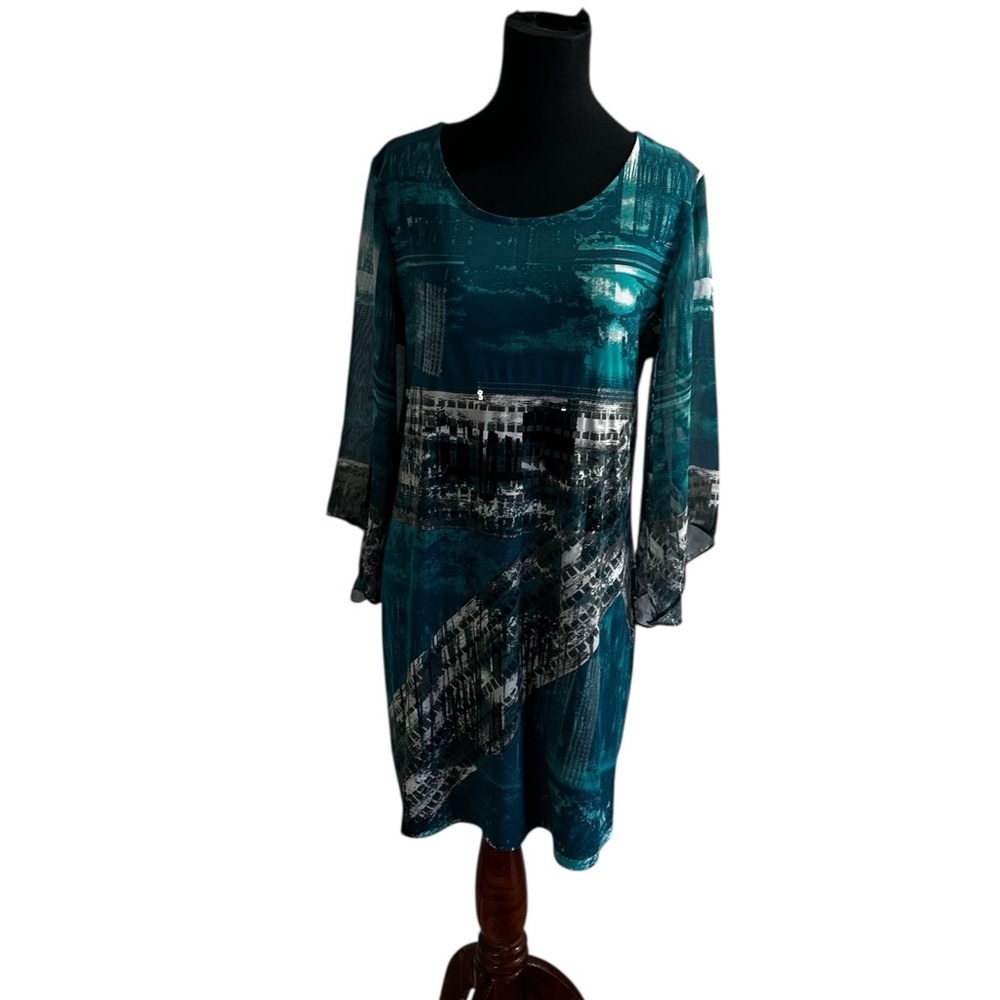 Alfani Teal and Black Patterned Blouse/Tunic Top Sheer Sleeves In Teal SZ M